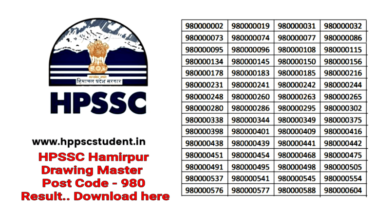 HPSSC Hamirpur Drawing Master Post Code - 980 Result HPPSCSTUDENT.IN